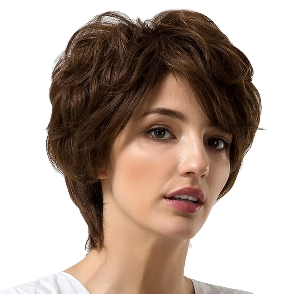

100% Real Hair Wigs Lady Human Hair Wigs Short Curly Full Wig Natural Brown