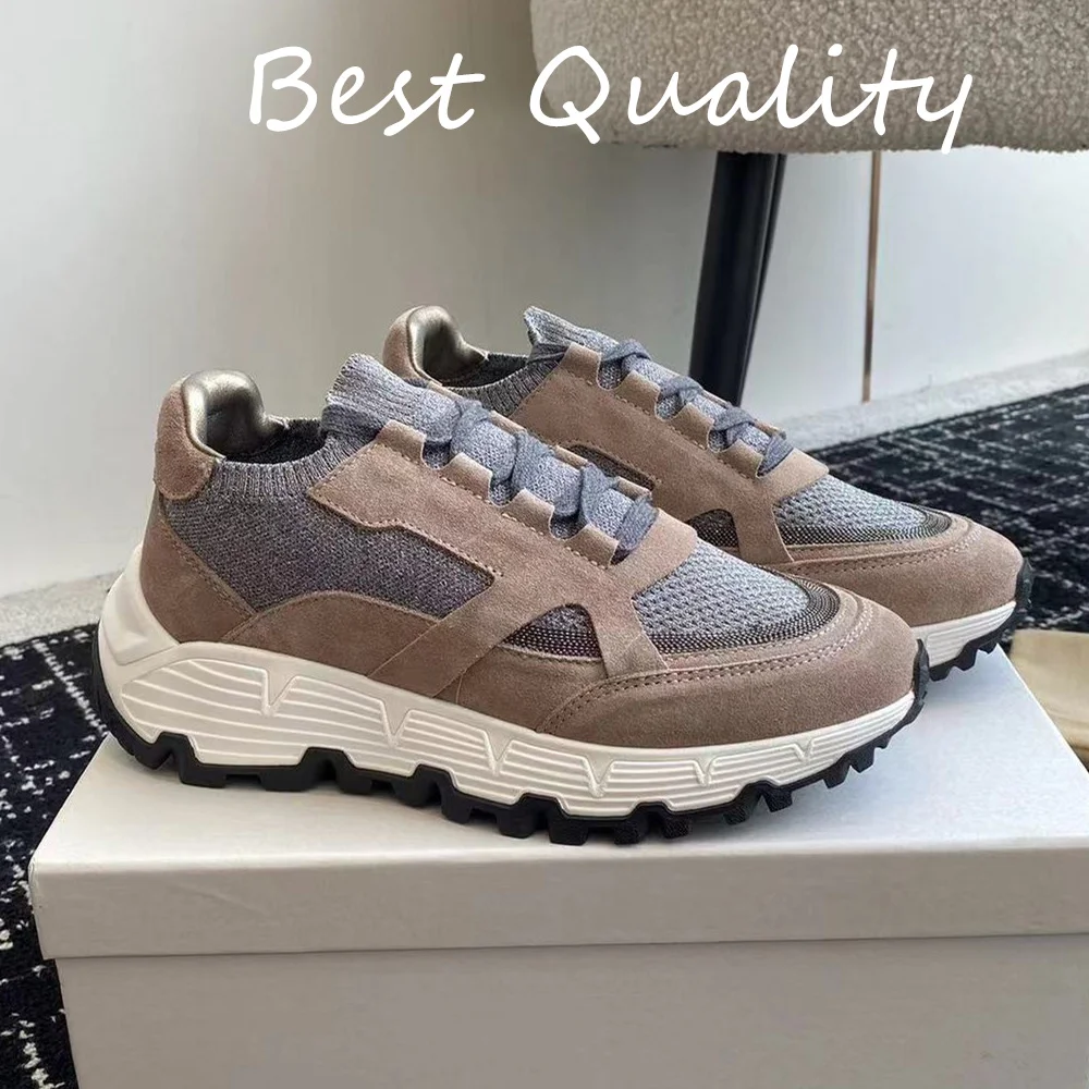 Women's Casual Shoes Cow Leather Elastic band Sneakers Women's Retro Mixed Color Round Toe Thick Sole Flat Shoes Running Shoes