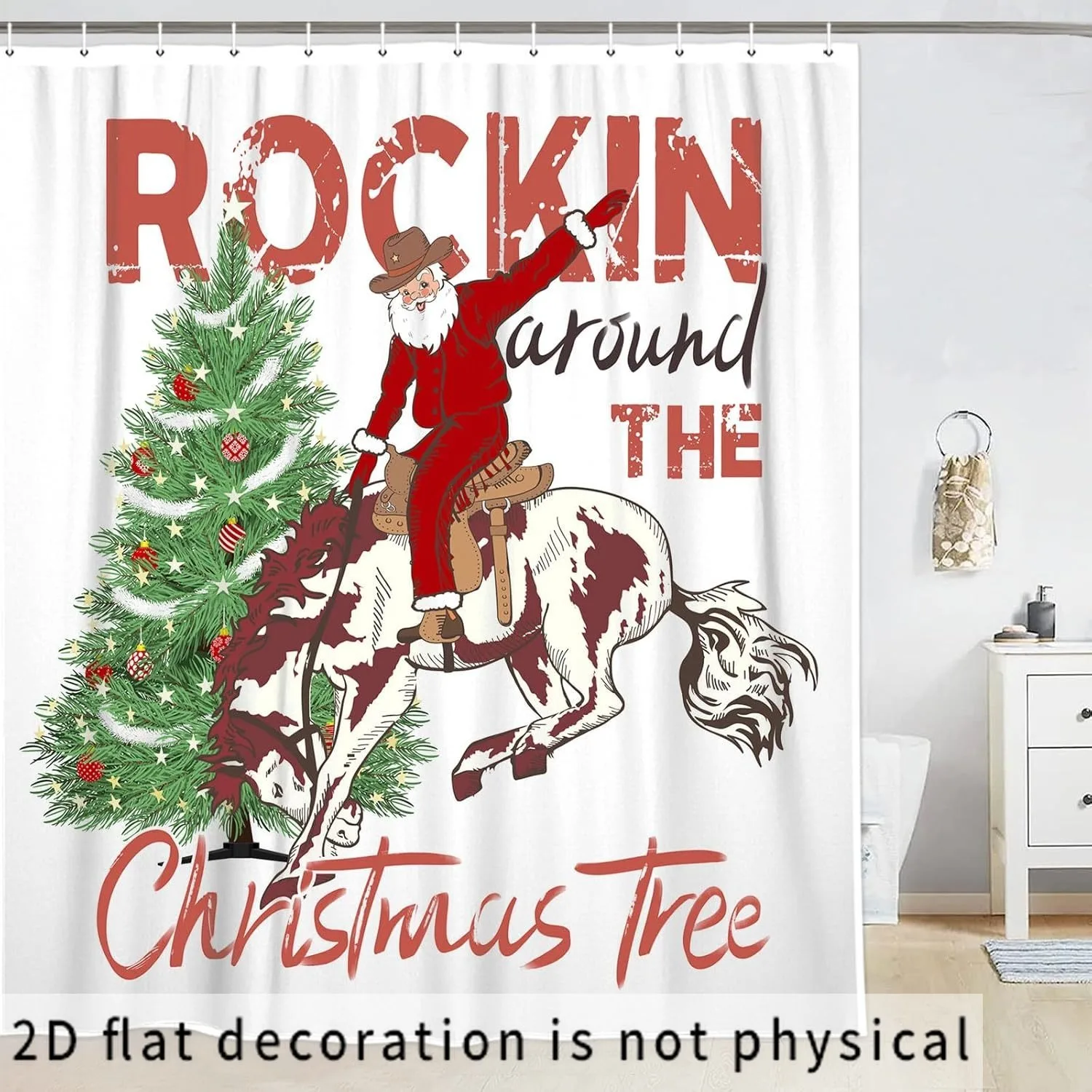 Funny Cowboy Shower Curtain, Rockin Around Christmas Tree Text, Western Holiday Decor Red Santa Waterproof Polyester Bath Screen