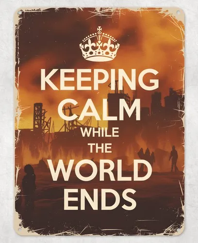 Keep Calm While World Ends Metal Poster Wall Tin Sign Man Cave Shed Home Plaque --Tin Sign