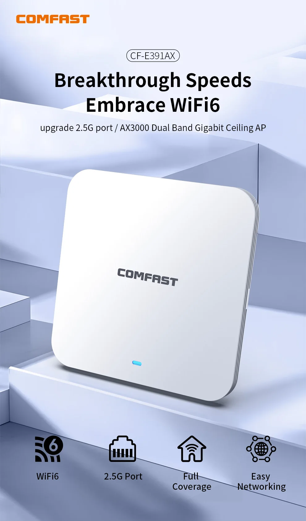 COMFAST AX3000 Wifi 6 نقطة وصول لوحة لاسلكية 2.4/5.8G منفذ جيجابت Inwall AP تجوال سلس OFDMA MU-MIMO تغطية داخلية
