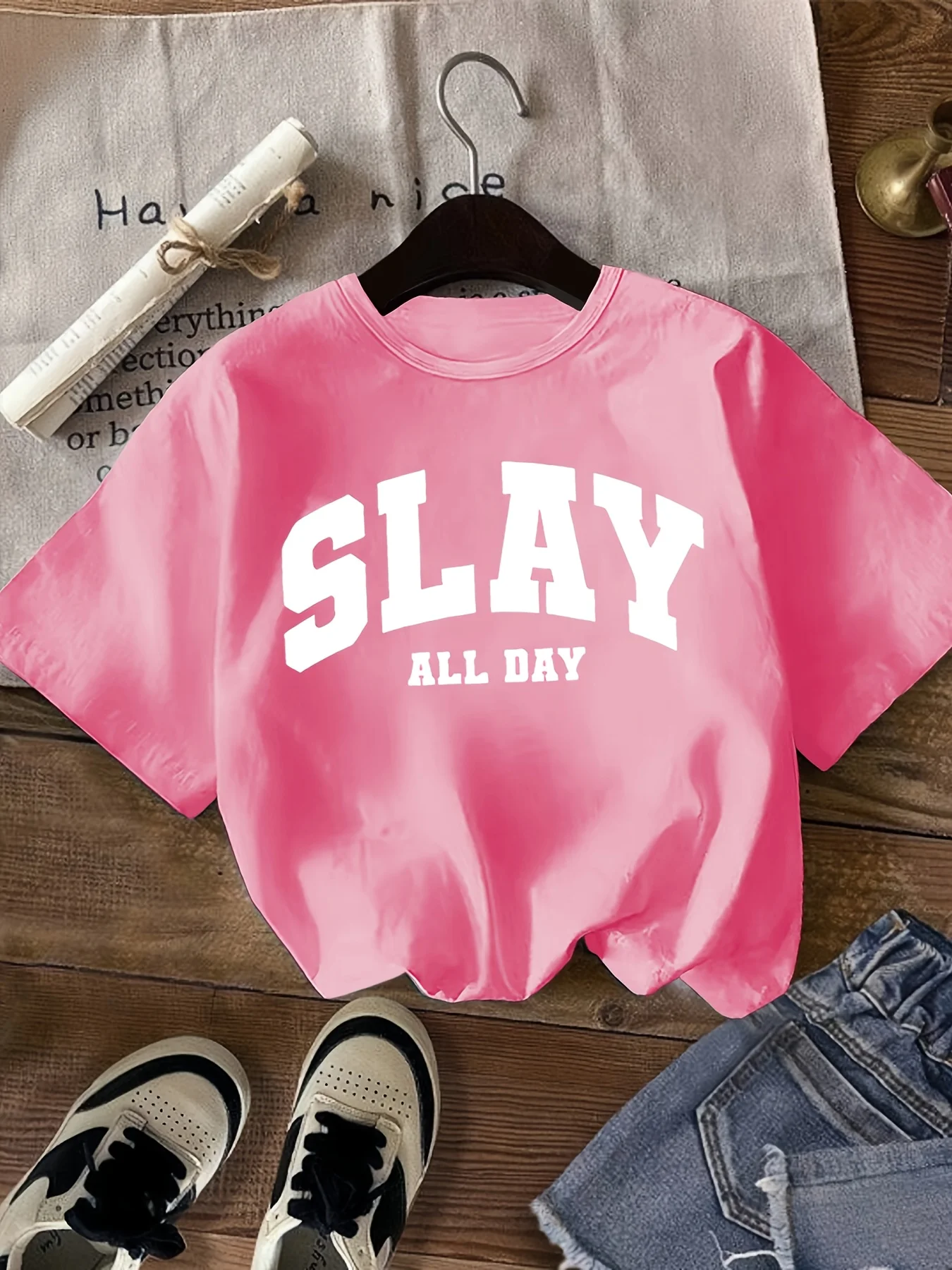 Summer new fashion short-sleeve girls' T-shirt, printed with 'Shine All Day' letters, comfortable casual summer top