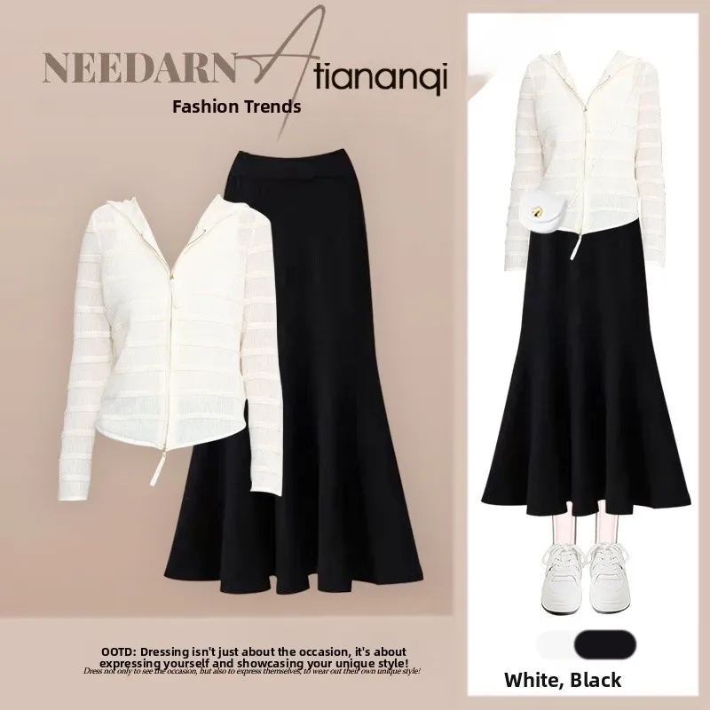 

Casual Knitted Hat Coat Fi Tail Skirt Two-Piece Set High Waist Slimming Mid-Length Autumn Design Sensation Outerwear Set