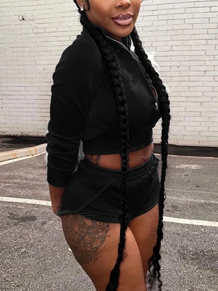 

Zipper Y2k Top Booty Shorts Long Sleeve 2 Piece Sets Womens Outfits Conjunto Femenino Appliques Ensemble Femme 2 Pièce Tracksuit