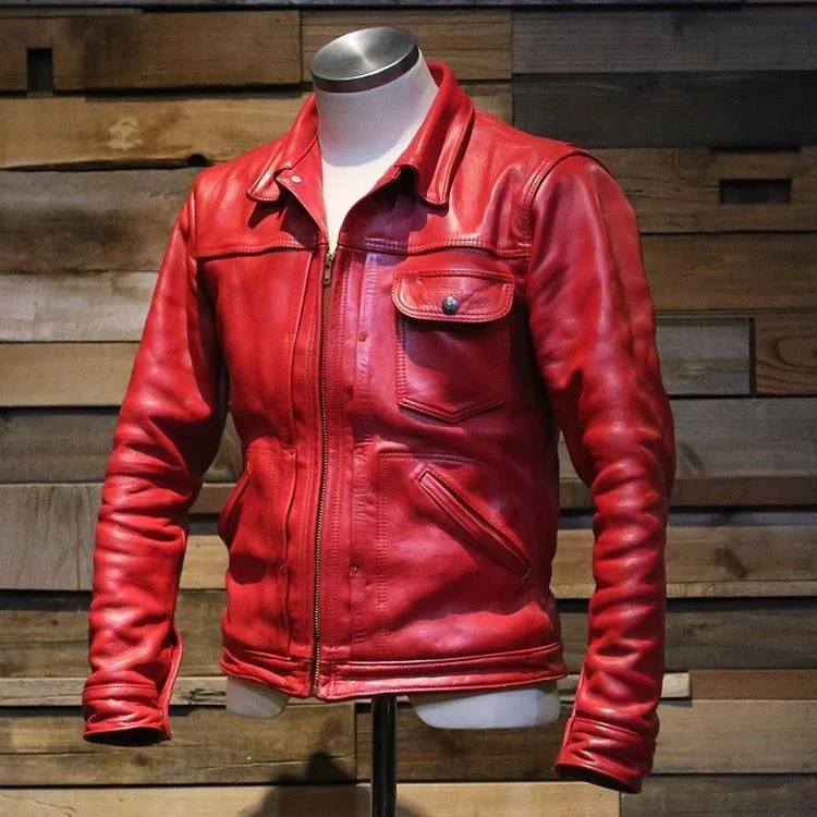 jacket.red Free shipping.Genuine Leather slim tanned cowhide coat.classic mens quality leather clothing.casual.wholesales