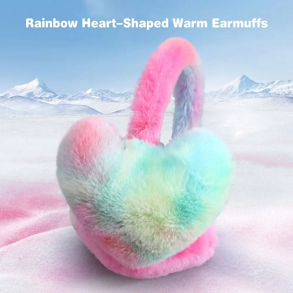 Outdoor Heart-Shaped Warm Earmuffs Rainbow Winter Student Plush Earmuffs Back Wear Cycling Ear Protection for Women