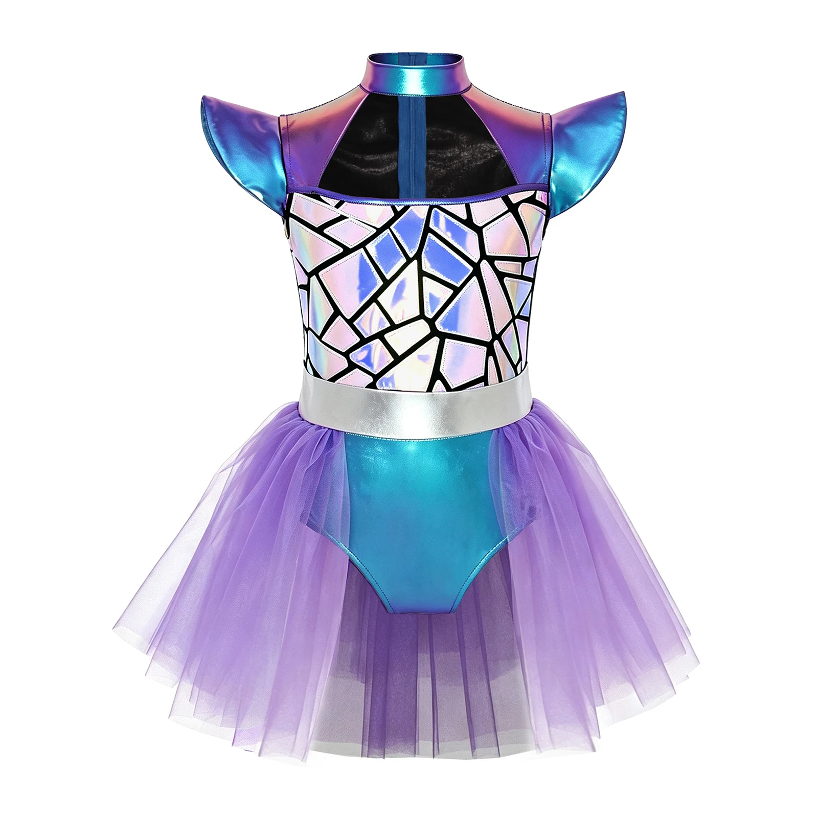 Girls Metallic Shiny Alien Robot Space Cadet Costume Cap Sleeve Sequin Ballet Dance Tutu Leotard Dress for Halloween Theme Party