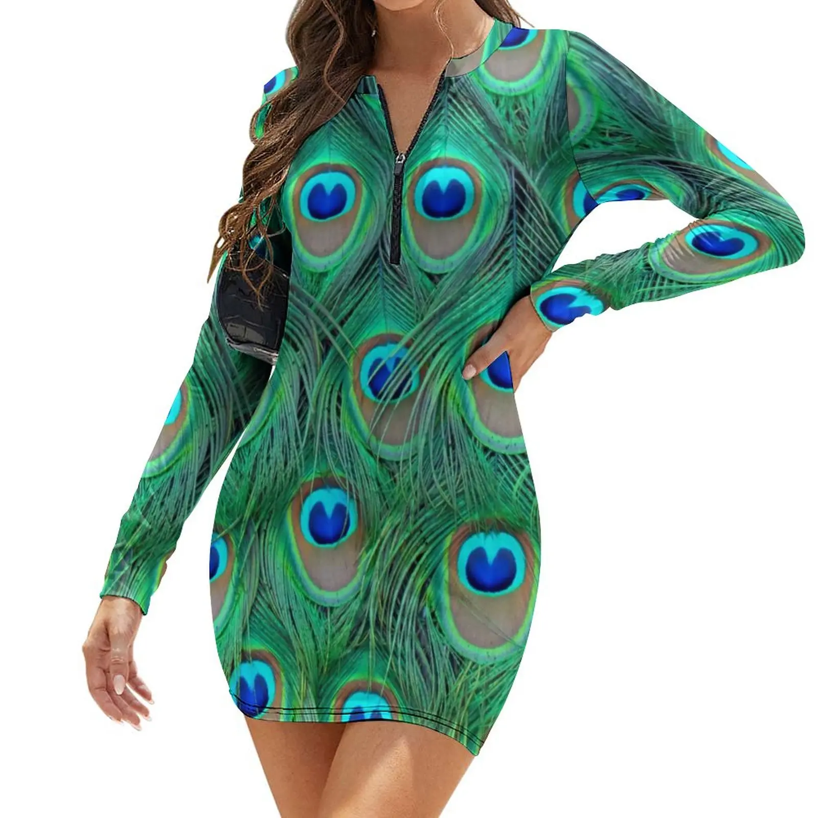 

Peacock Plumage Dress Long Sleeve Animal Feathers Print Club Dresses Autumn Women Street Wear Print Bodycon Dress Big Size 2XL