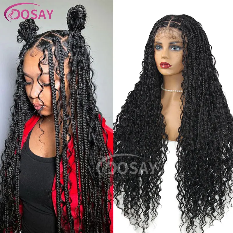 

Bohemia Box Braided Full Lace Wigs for Women Deep Brown Long Goddess Braid Lace Front Wigs Synthetic Braids Wig with Curly Ends