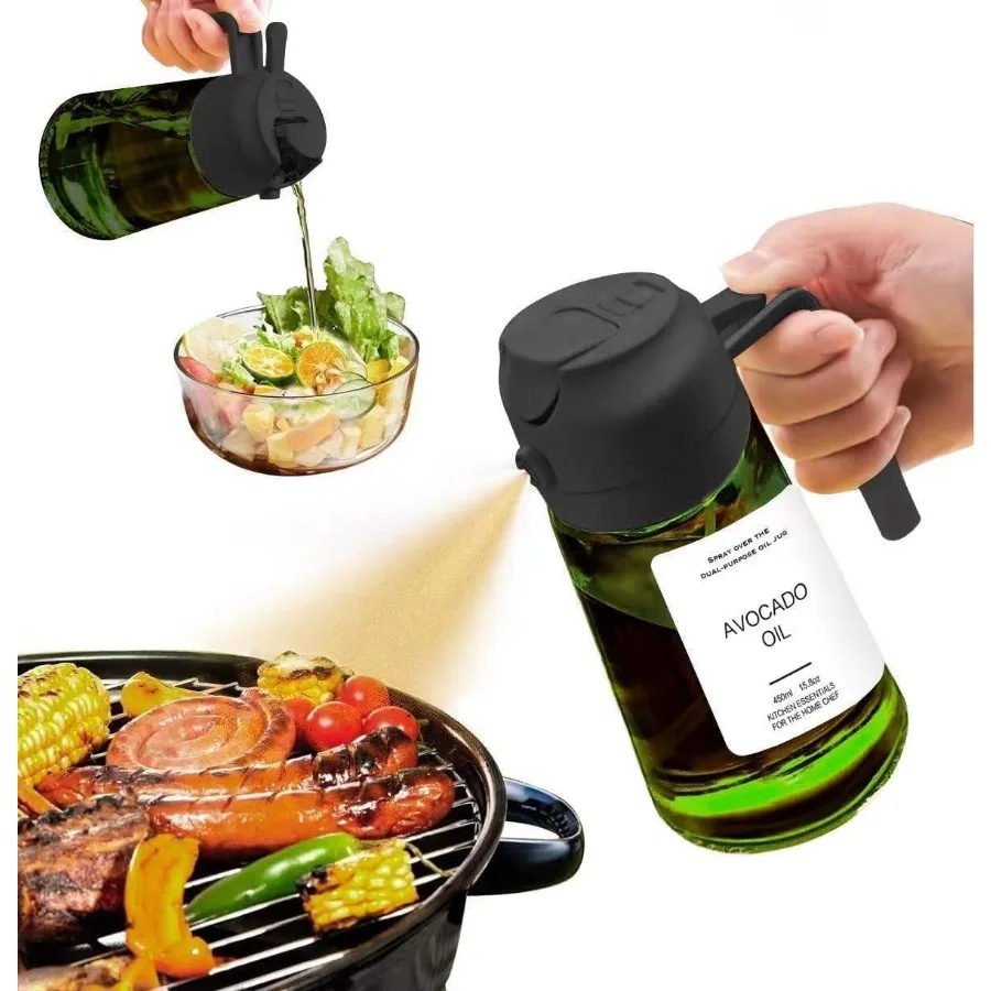 Botella dispensadora de aceite 2 en 1 para cocinar, botella de aceite de oliva de 16oz/ 450ml, dispensador de aceite de oliva dos en uno reciproco de 2 vías/Sp
