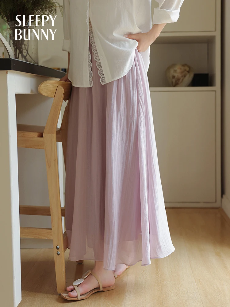 Purple Mesh Tulle Skirt Women Summer High Waist Elastic Waist A-Line Midi Skirt Slim Fit French Casual Elegant Flowing Skirt