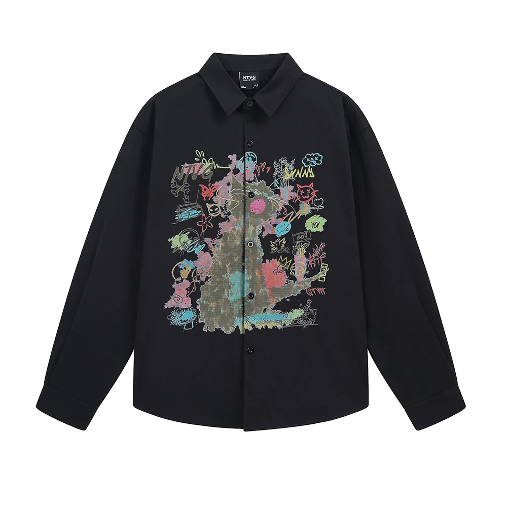 Kawaii Cat Print Men's Shirts Y2k Long Sleeve Shirt Anime Tops Oversized T Shirt Korean Popular Japanese Style Designer Clothing