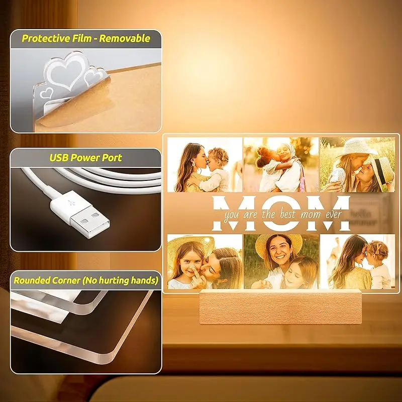Personalized Mother\'s Day Gifts Acrylic Photo Plaque Custom Photo Collage Picture Frame Gift for Friend Mom Dad Family Bedroom