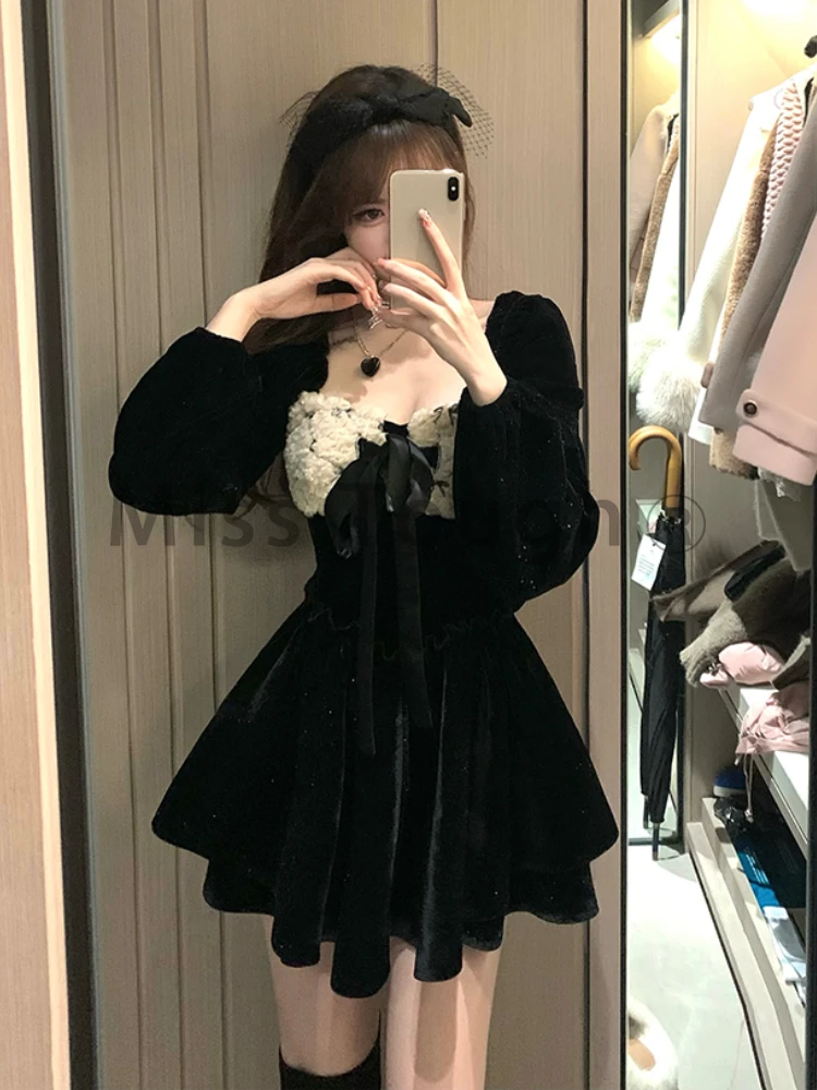 French Hepburn Elegant One Piece Dress Women Black Vintage Chic Party Dress Female Korean Fashion Sexy Lolita Dress 2023 Winter