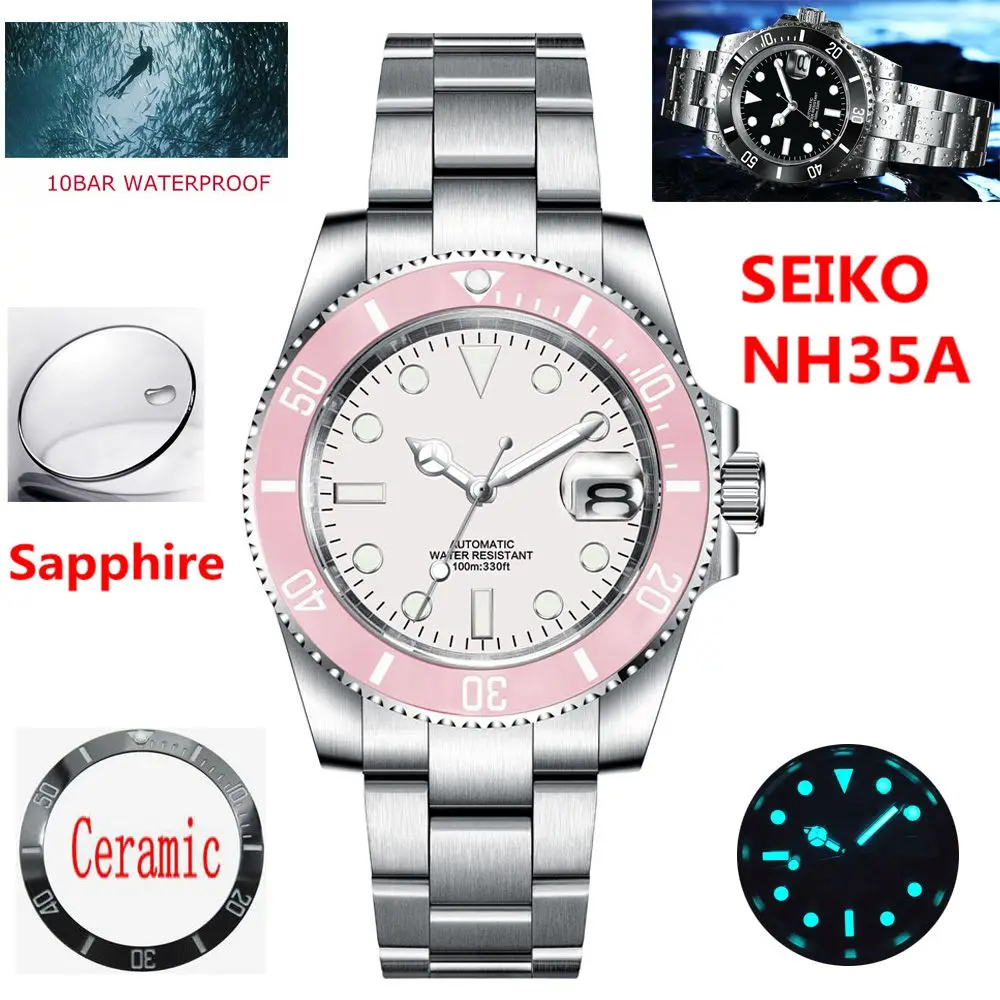 

NH35 Luxury Automatic Mechanical Watch Men Stainless Steel Sapphire Male Clock 100M Waterproof Ceramic Bezel Relogio Masculino