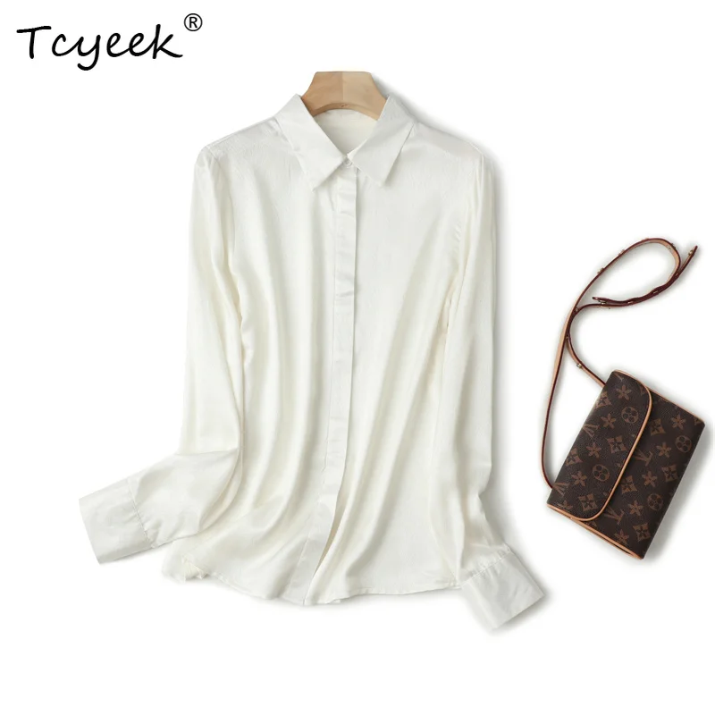 

Tcyeek 93% Mulberry Silk 7% Spandex Spring Summer Solid Color Polo Collar Long Sleeved Women's Shirts Женская Одежда חולצותנשים