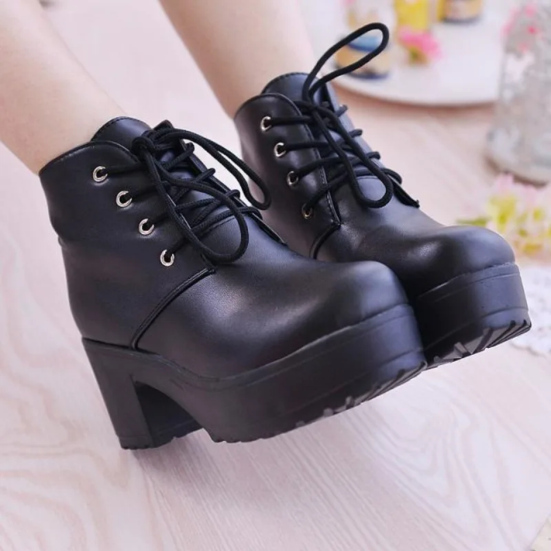

Fashion Ankle Boots for Women Fashion Black&White Punk Rock Lace Up Women Shoes Thick Heel Boots Platform Shoes Heels for Ladies