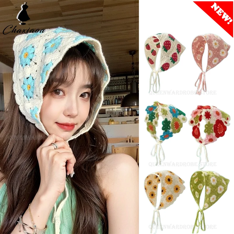 Handmade Crochet Triangle Headband Korean Sweet Cute Hollow Hair Band Women Spring and Summer Travel Literary Photo Hair Scarf