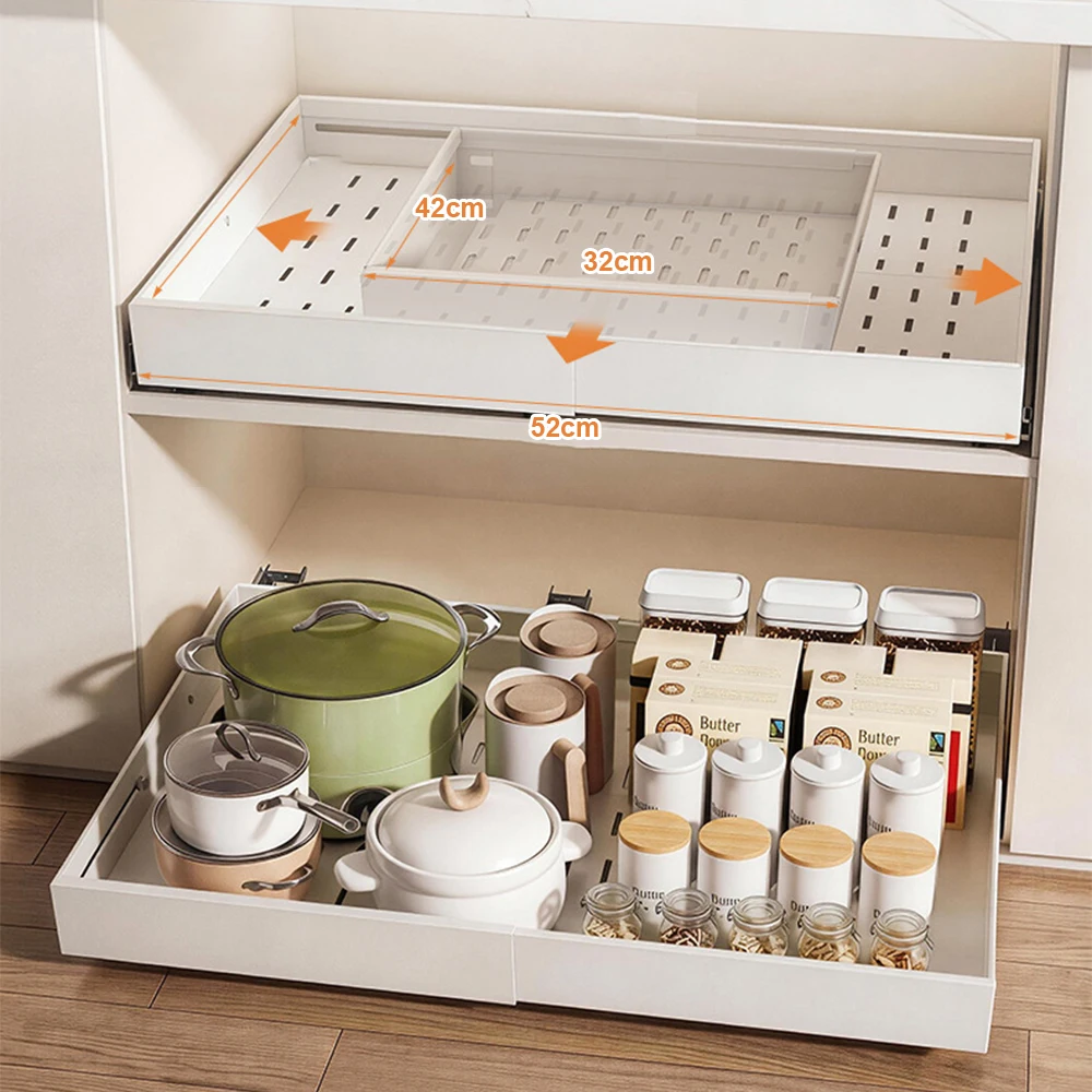 Organisateur de placard de cuisine extensible et coulissant en acier au carbone, support de rangement coulissant pour tiroir, support d'épices évolutif sans perçage, plateau de placard pour