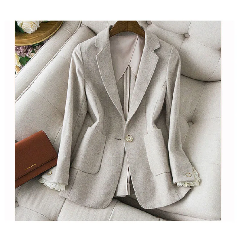 Small Suit Elegant Lace Cuffs Removable Gentle Beige Wool Commuter Casual Suit Jacket Women