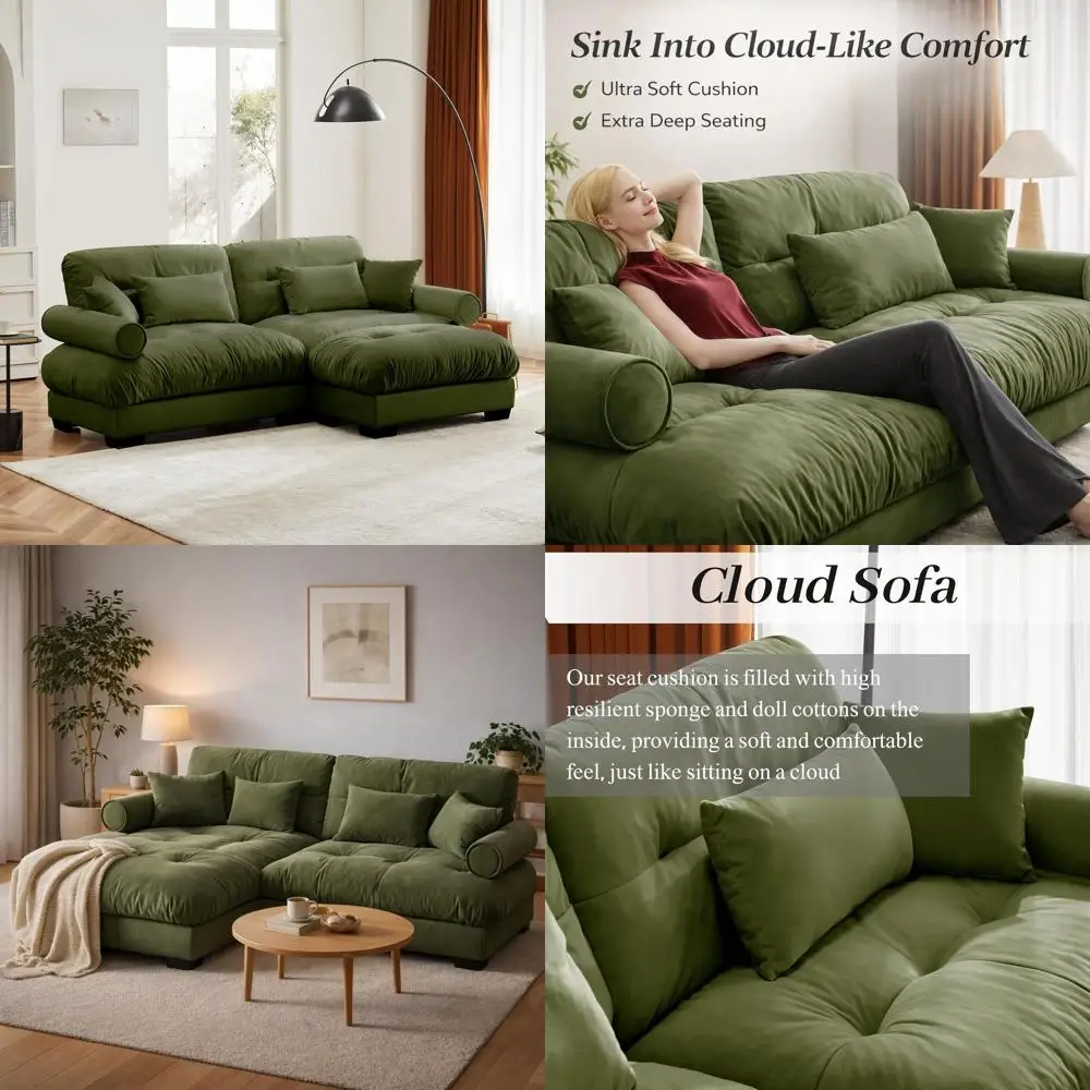 

Luxurious Green 3-Seater Velvet Couch with Movable Ottoman for Living Room and Bedroom