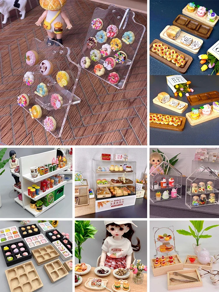 Dollhouse Accessories Mini Wooden Tray Nine Grid Tray Simulation Mini Dessert House Donut Shelver Dessert Cabinet Mini Kitchen