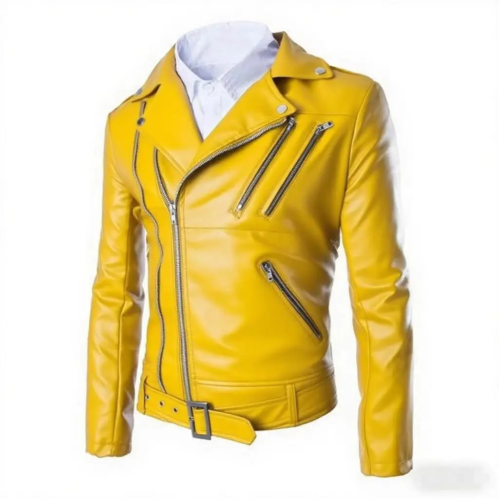 

2025 fashion men's clothing, lapel locomotive, multi-zipper design, fashion short PU leather jacket