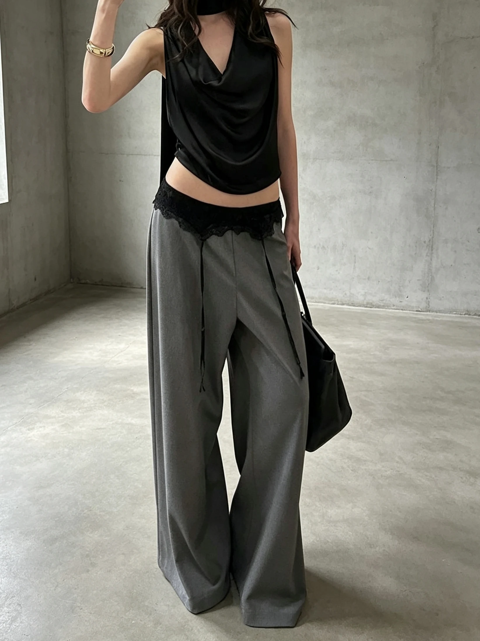 Korean Style Wide Leg Pants Lace Splicing Flip Waist Casual Loose Slimming Women's Autumn New Loose Fit Comfortable Trousers