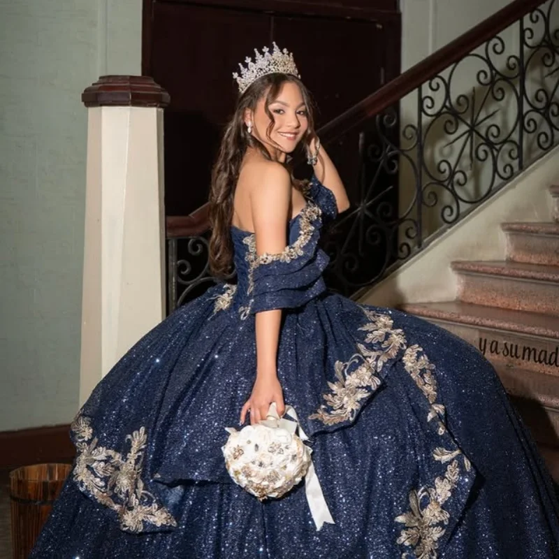

Shiny dark blue Off Shoulder Quinceanera Dress Lace sequin applique crystal Tull layering vestidos de 15 Quinceanera Customized