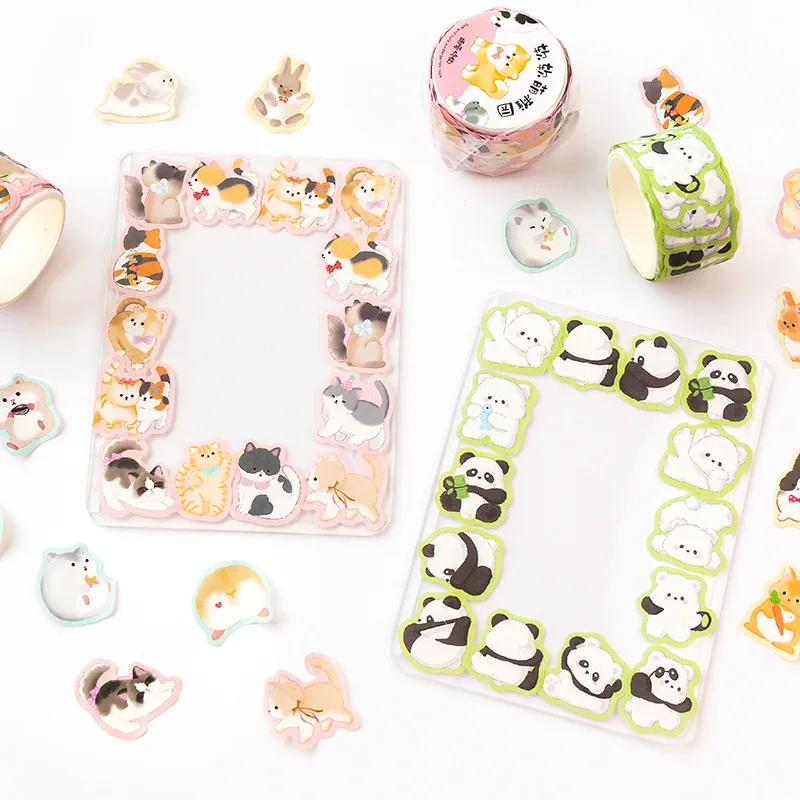 Juego de cintas Washi de animales precortados, etiquetas adhesivas decorativas para manualidades artísticas, Kawaii, gato, conejo, Panda, perro,