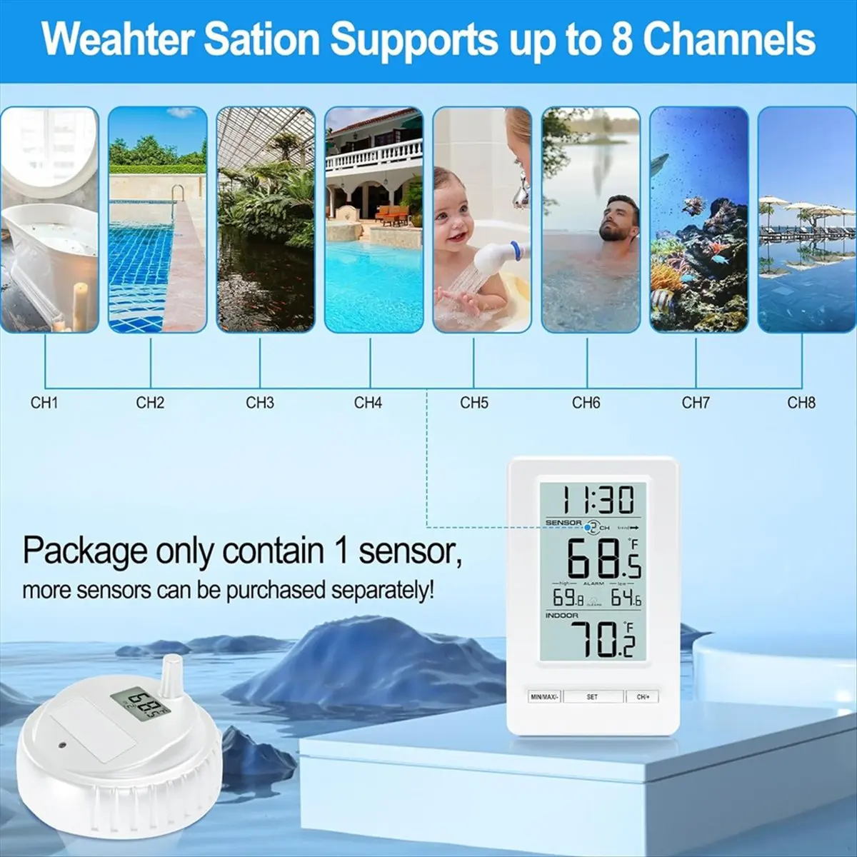 Wireless Pool Thermometer Digital Temperature Sensor with Memory 24H LCD Display for Swimming Pool Tub