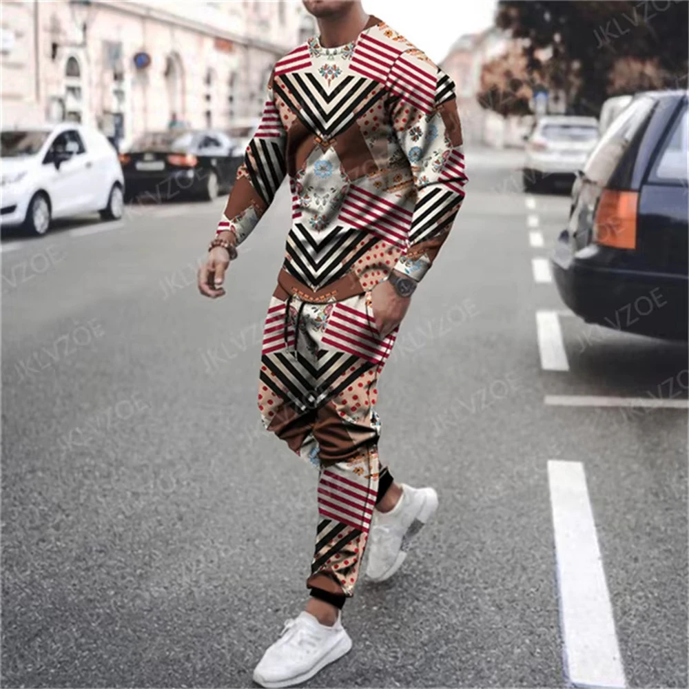 Hot Sale Autumn Men Clothing 3d Printed Men Long Sleeve T-Shirt+Pants Two-Piece Set Men Long Sleeve T-Shirt Trousers Outfit