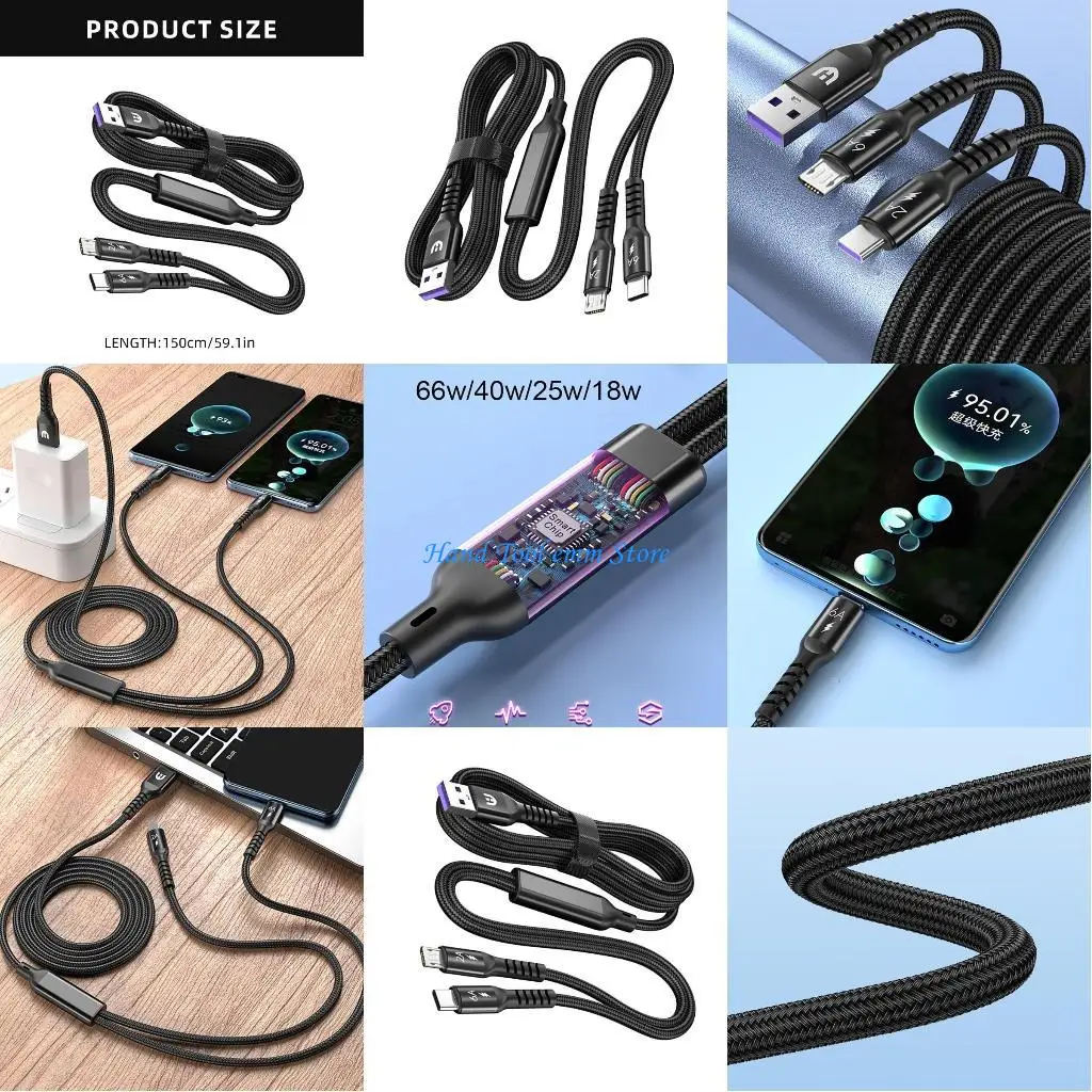 

H37F 66W USB Charging Cable Nylon Weaving USB to Type C and USB 5Pin Splitter Wire Fast Charging Cord For Game Consoles