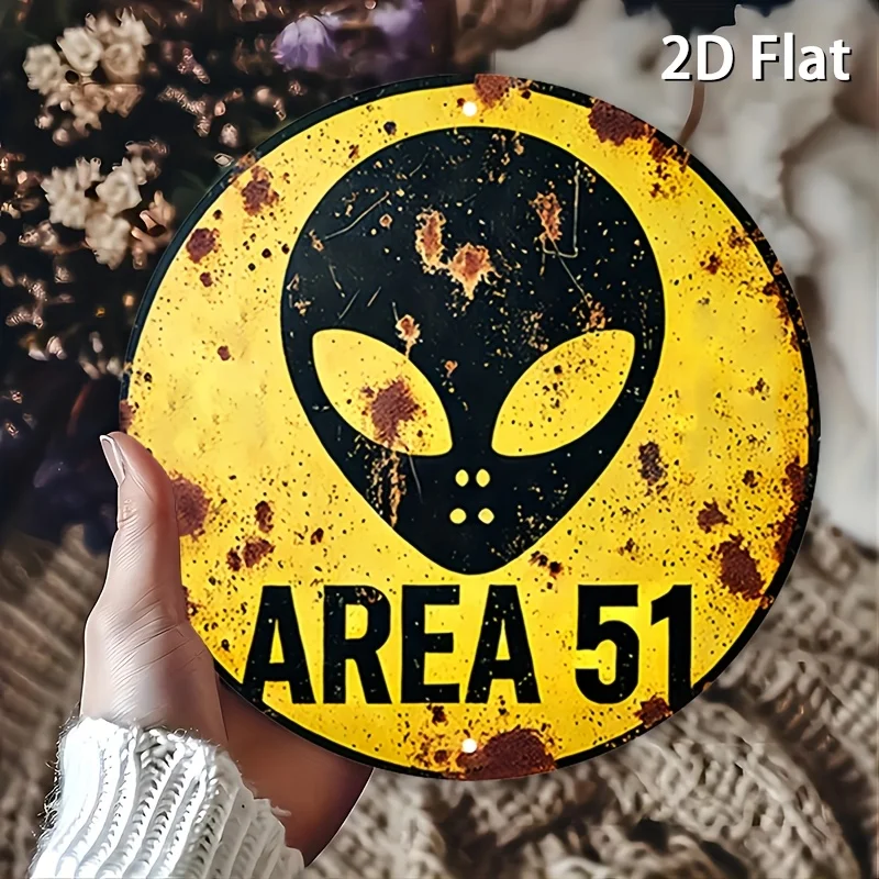 One 2D flat vintage wooden sign, Area 51 Alien Warning wooden circular tag, featuring the iconic alien symbol