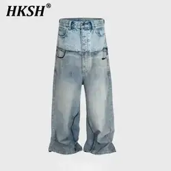 HKSH Spring Autumn New Men Tide Punk Ripped Denim Pants Women Spliced Double Layer Waist Baggy Jeans Streetwear Chic Ins HK3747