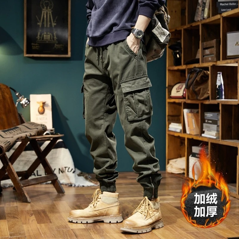 

Men's Retro Solid Color Cotton Work Pants for Autumn Winter Durable Casual Trousers with Multiple Pockets
