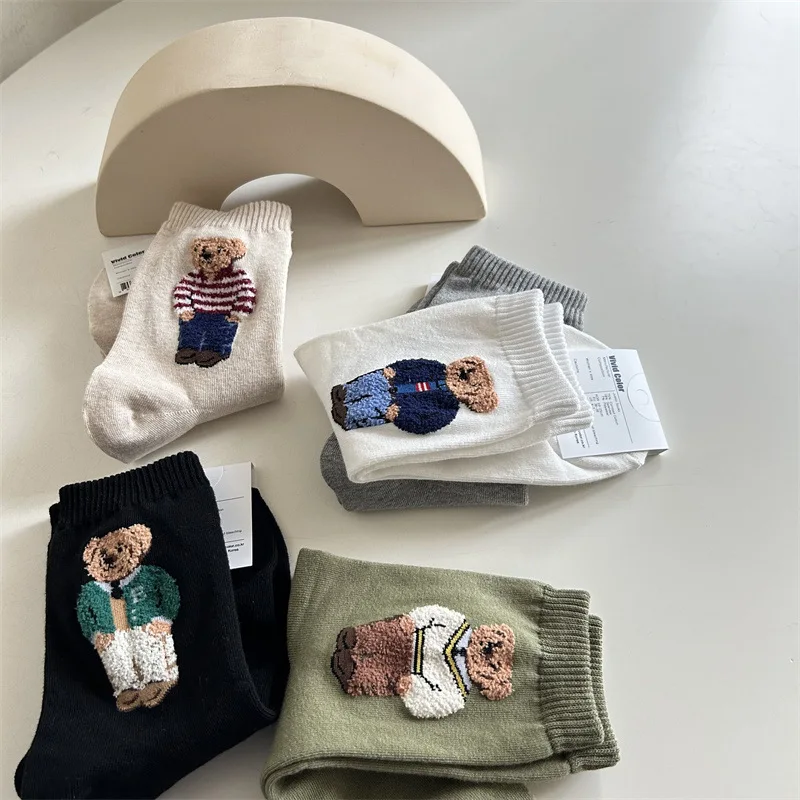 New Trendy Cartoon Bear Mid-Calf Cotton Socks for Women Casual Sweater Female Socks Comfortable Long Women Middle tube Socks image 3
