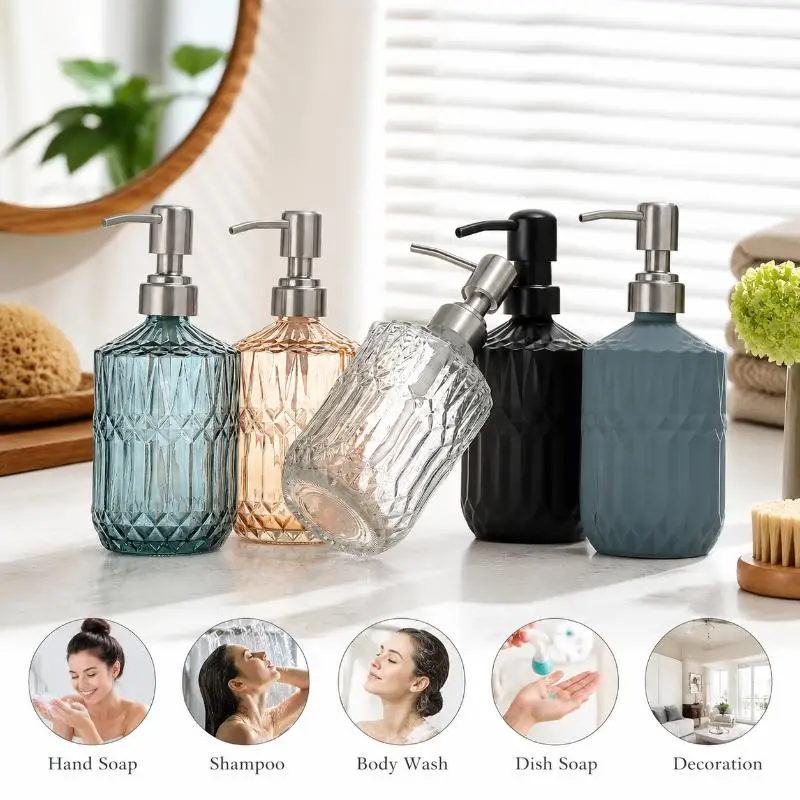 Diamond Textured Glass Hand Soap Dispenser Rust Proof Pump Bottle For Bathroom Kitchen Countertop Liquid Storage