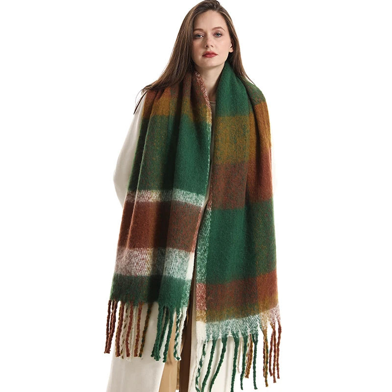 Women Cashmere Thicken Winter Scarf Warm Big Shawl Stripe Plaid Long Blanket Tassel Luxury Brand Fashion Lady Scarves Pashmina