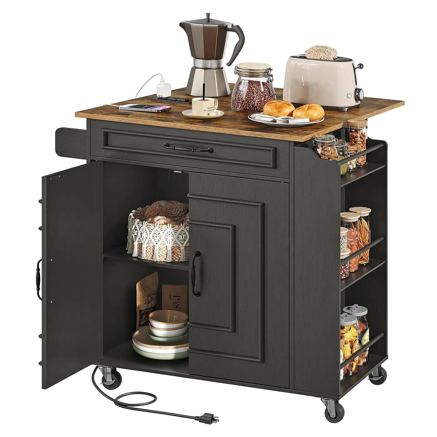 Kitchen Island Power Outlets Drop Leaf Rolling Cart Wheels Storage Spice Rack Drawer Kitchen Dining Room Black Brown, Customized
