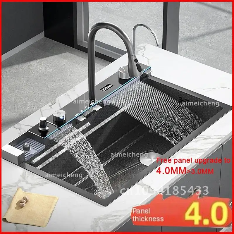 Waterfall Sink Kitchen Stainless Steel Topmount Sink Large Single Slot Wash Basin With Multifunction Touch Waterfall Faucet