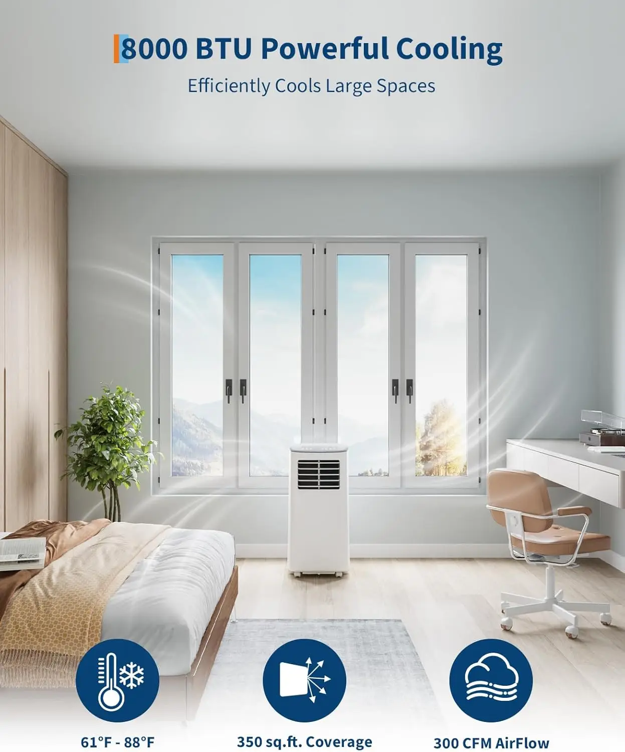 8000 BTU Portable Air Conditioner, 3-In-1 Unit With Fan and Dehumidifier, Perfect for Spaces Up to 350 Sq. Ft, 24-Hour Timer