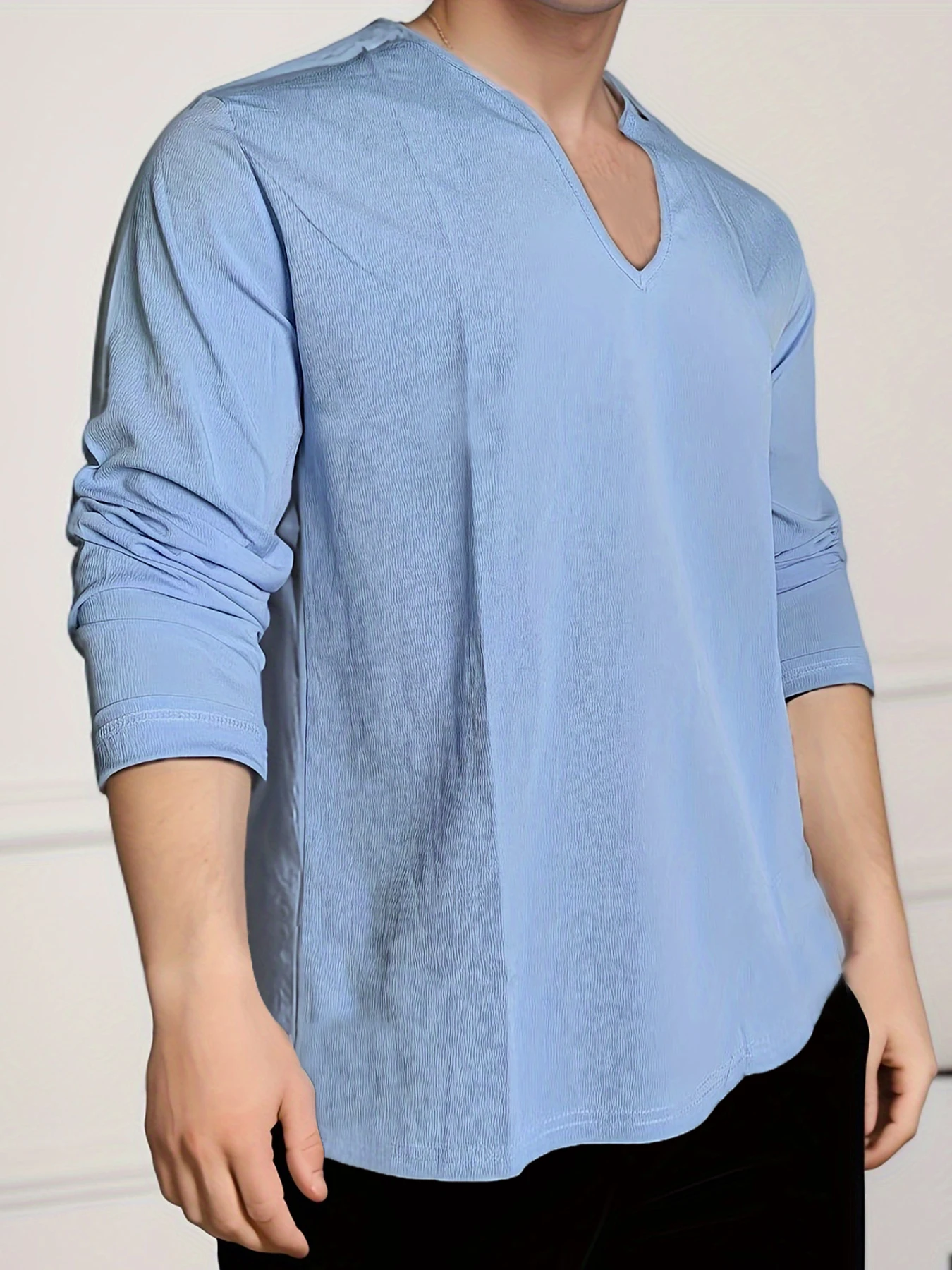 Men\'s Shirt Top V Neck Breathable Beach Shirt Long Sleeves Closure Regular Fit Solid Color Male Casual Shirt For Daily Vacation