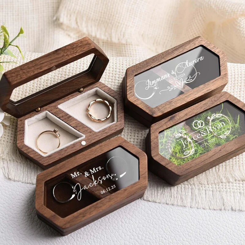 Custom Personalized Octagonal Walnut Wooden Ring Box Box + Black Velvet Pouch Engraved Engagement and Wedding Ring Holder Gift