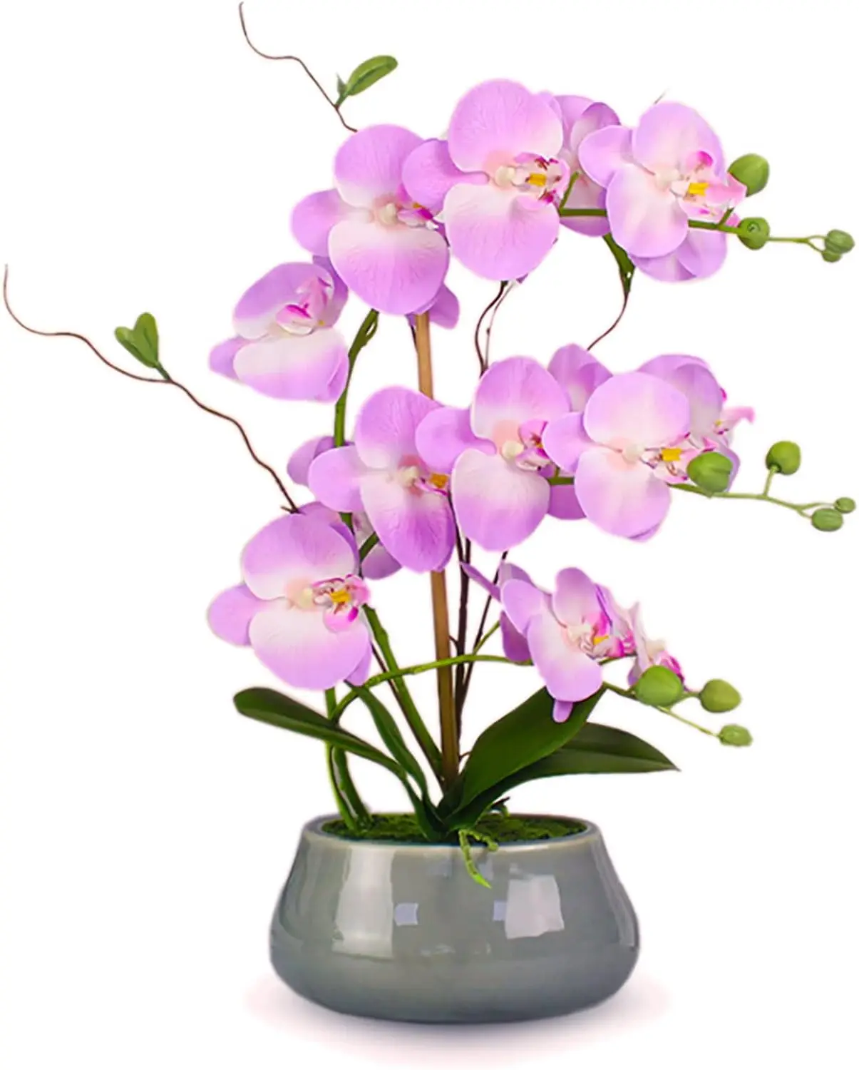 

White Orchid Artificial Flowers with Gray Vase Fake Faux Phalaenopsis Arrangement for Office Decoration Party Wedding Decor In