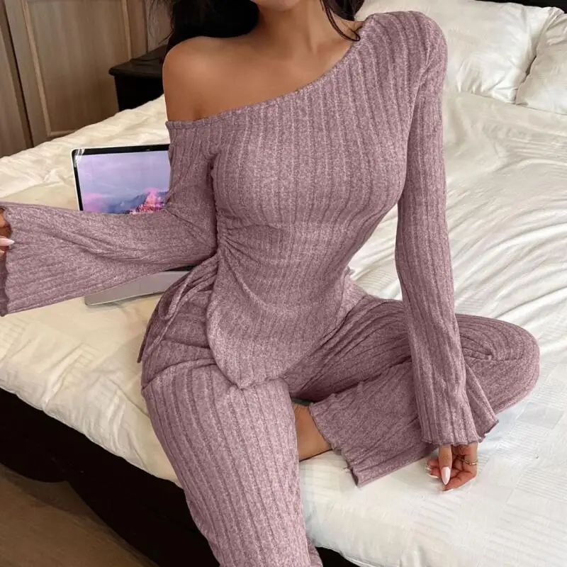 Off Shoulder Casual Outfit Pajamas Set Female Autumn Winter New Sleepwear Loungewear Solid Color Slim Trousers Suit Nightwear