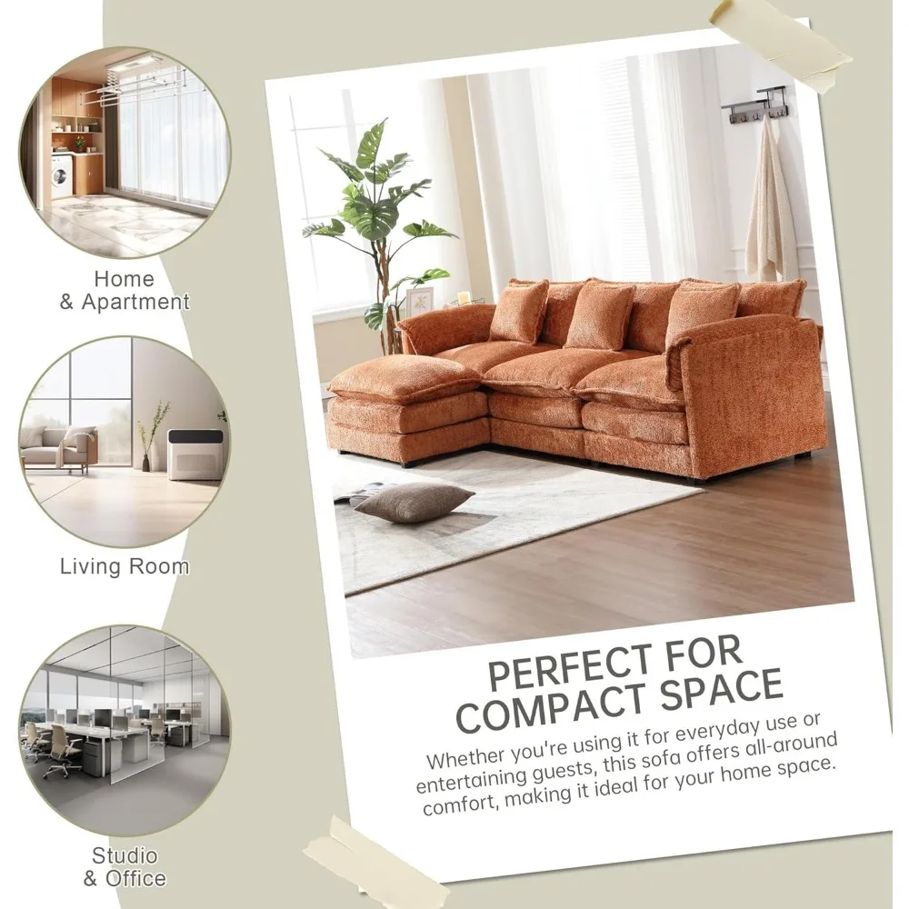 l-shape sectional sofa, 112" cloud couch with chenille upholstery, removable ottoman, and 3 pillows for living room comfort