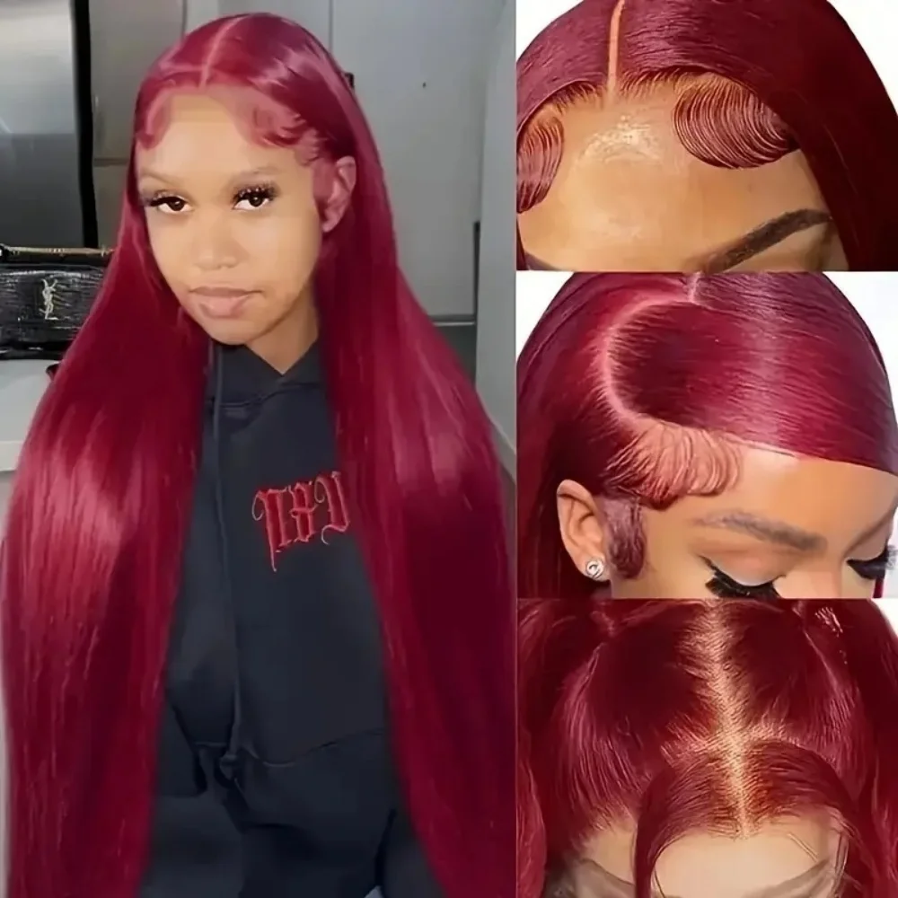 Straight 13×4 Lace Front Wigs Human Hair Burgundy Transparent Pre Plucked Red Color 220 Density Lace Frontal Wigs For Women 99J
