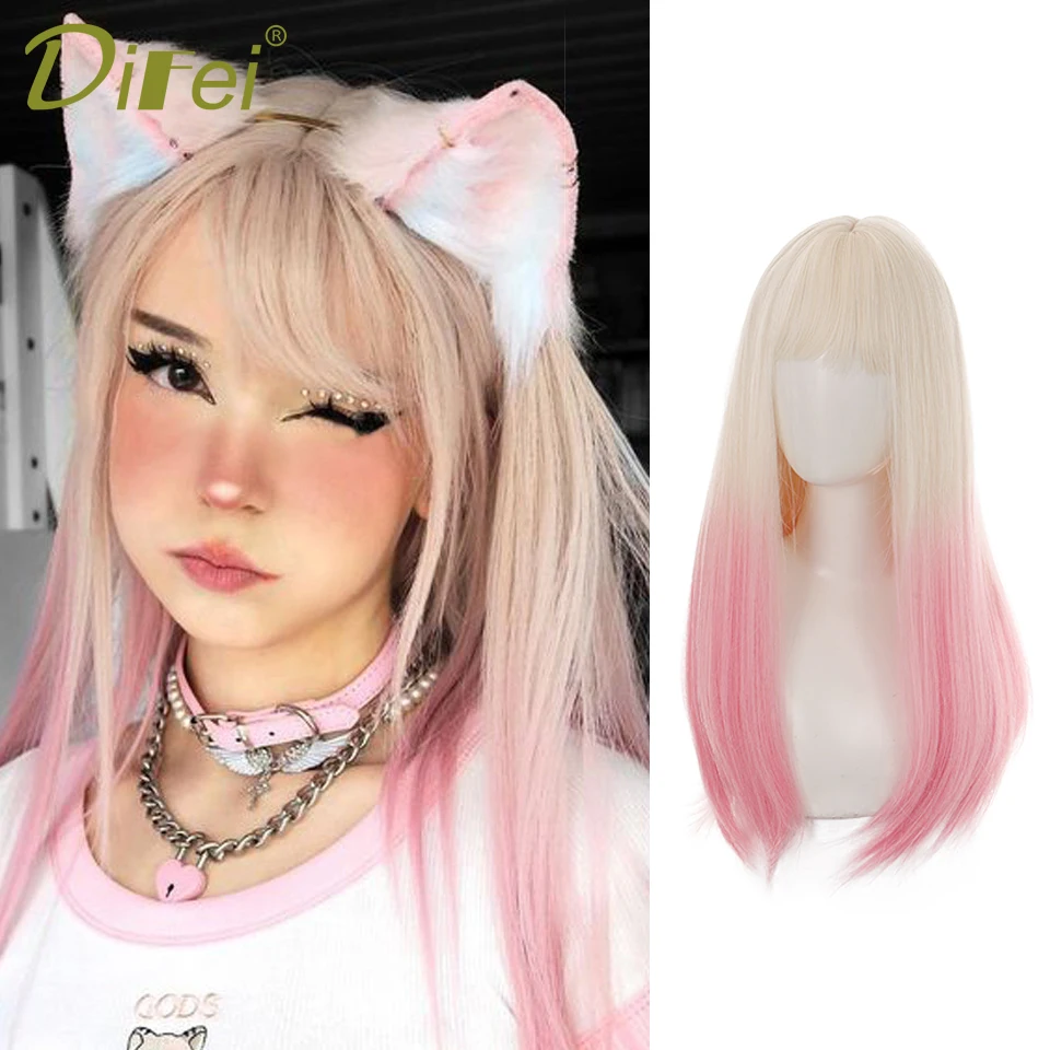 

DIFEI Synthetic Wig Gradient Long Vacation Female Cosplay Straight Bang Colorful Gradient Long Straight Hair Wig Head Cover