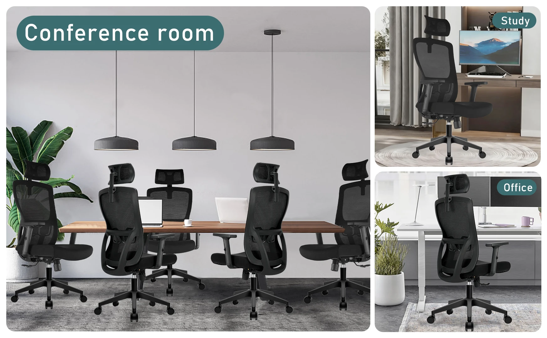 Durrafy Ergonomischer Bürostuhl, Schreibtischstuhl mit verstellbarer Kopfstütze, Armlehnen und Lendenwirbelstütze, drehbare Netzstühle, Schwarz – Detail 5